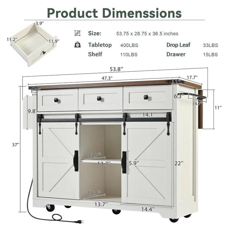 Farmhouse Kitchen Island with Drop Leaf, Rolling Cart with Power Outlets and Storage