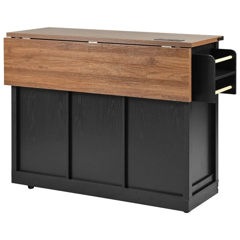 Farmhouse Kitchen Island with Drop Leaf, Rolling Cart with Power Outlets and Storage
