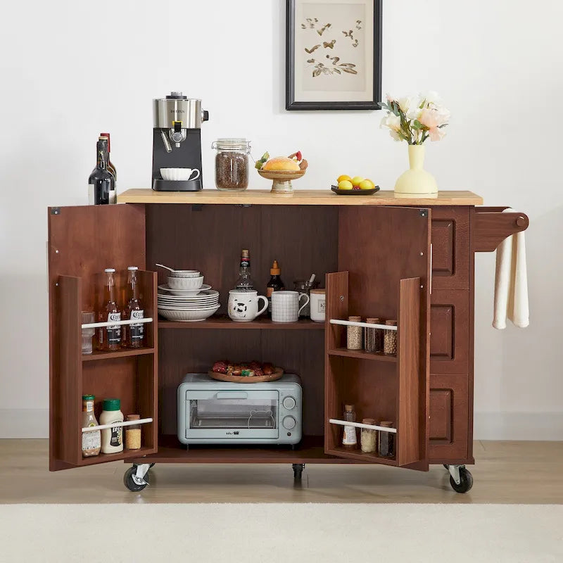 Rolling Kitchen Island Cart with Drop Leaf Countertop, Barn Door and Storage