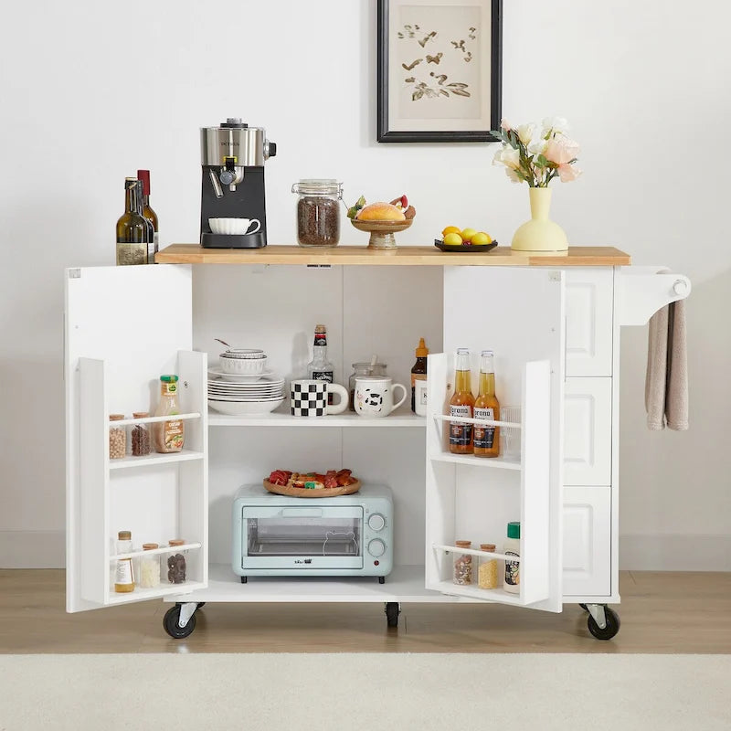 Rolling Kitchen Island Cart with Drop Leaf Countertop, Barn Door and Storage