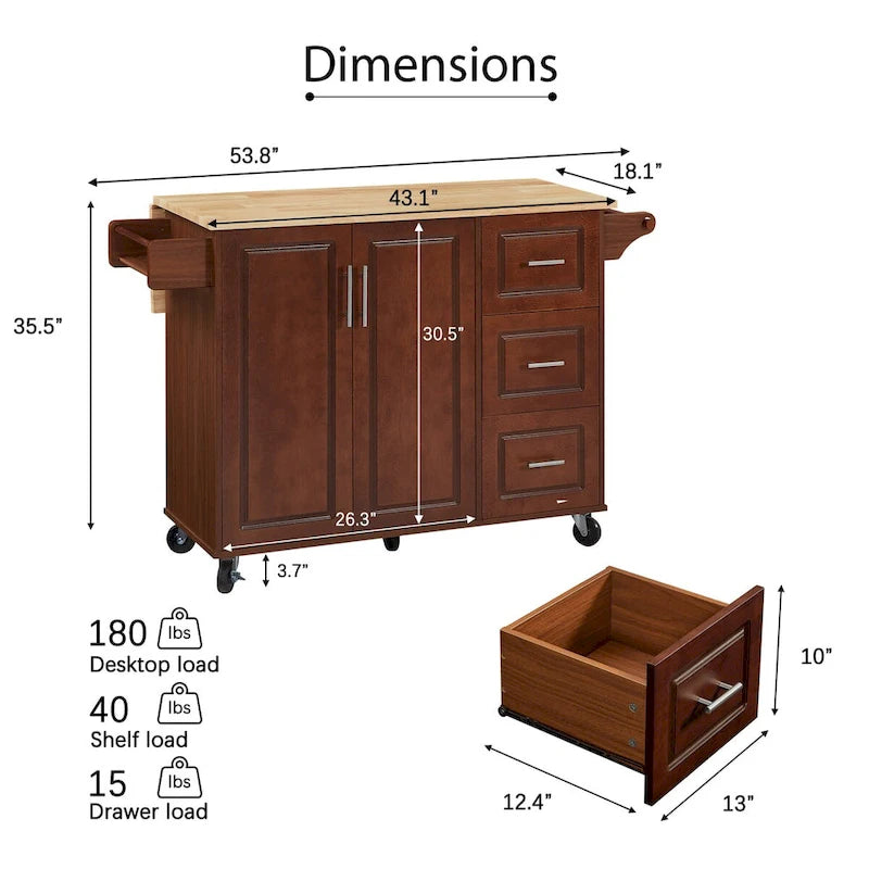 Rolling Kitchen Island Cart with Drop Leaf Countertop, Barn Door and Storage