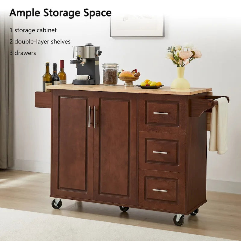 Rolling Kitchen Island Cart with Drop Leaf Countertop, Barn Door and Storage