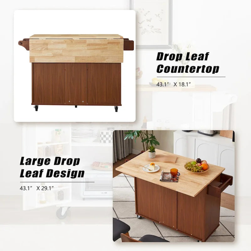 Rolling Kitchen Island Cart with Drop Leaf Countertop, Barn Door and Storage
