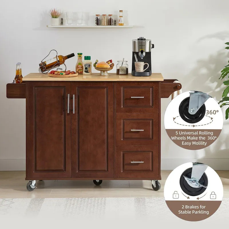 Rolling Kitchen Island Cart with Drop Leaf Countertop, Barn Door and Storage