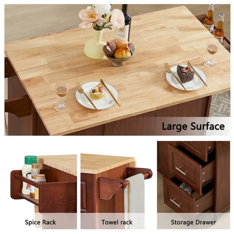 Rolling Kitchen Island Cart with Drop Leaf Countertop, Barn Door and Storage