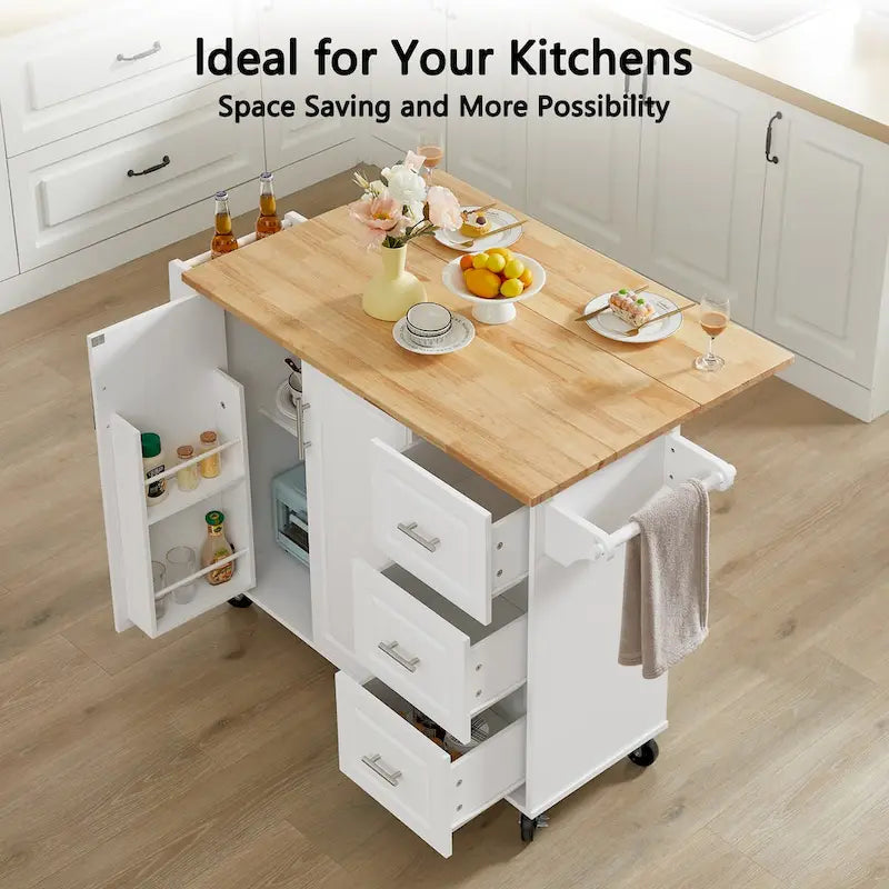 Rolling Kitchen Island Cart with Drop Leaf Countertop, Barn Door and Storage