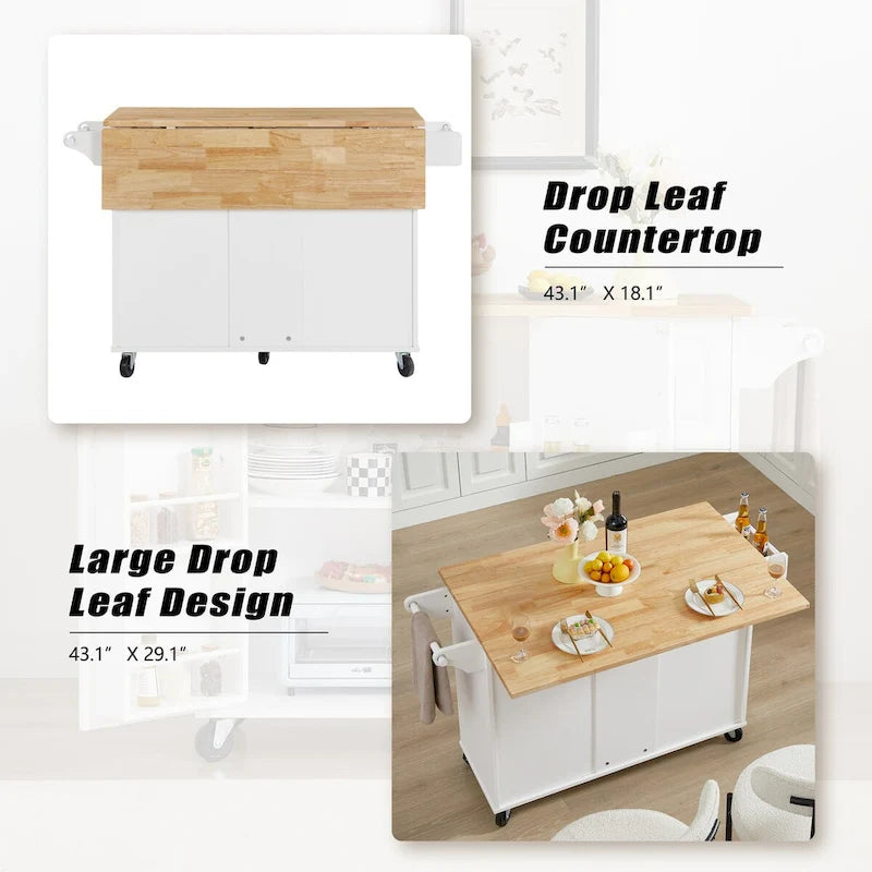 Rolling Kitchen Island Cart with Drop Leaf Countertop, Barn Door and Storage