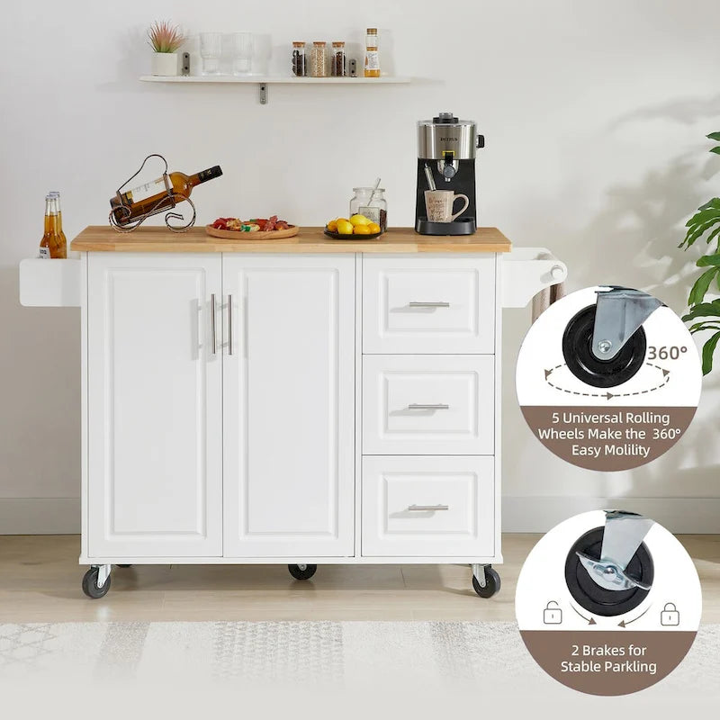 Rolling Kitchen Island Cart with Drop Leaf Countertop, Barn Door and Storage