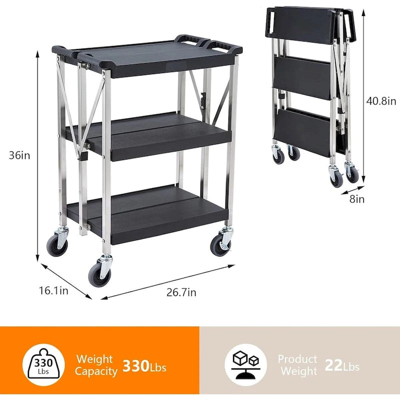 Chariot de service pliant utilitaire noir à 3 niveaux avec roues verrouillables