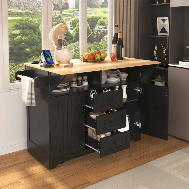 Kitchen Island with Drop Leaves, Rolling Cart with Power Outlet, Spice Rack, and 3 Drawers