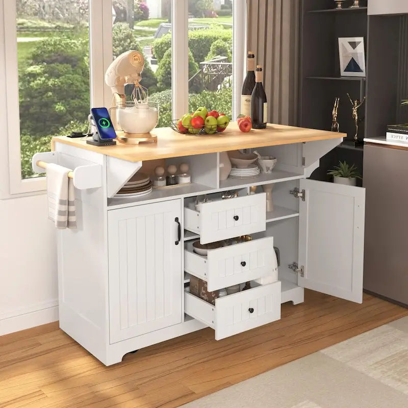Kitchen Island with Drop Leaves, Rolling Cart with Power Outlet, Spice Rack, and 3 Drawers