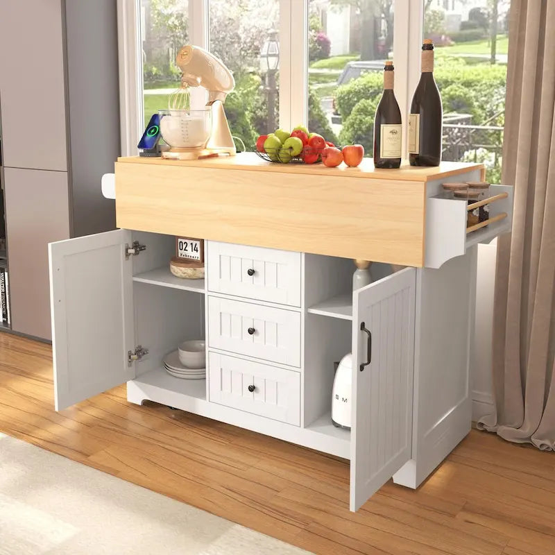 Kitchen Island with Drop Leaves, Rolling Cart with Power Outlet, Spice Rack, and 3 Drawers