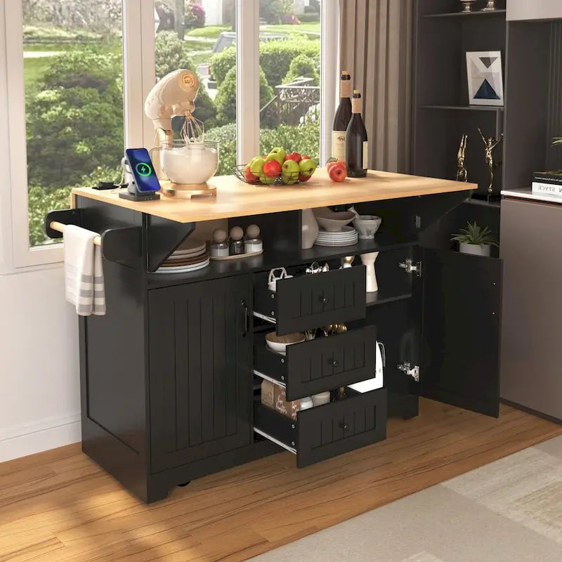 Kitchen Island with Drop Leaves, Rolling Cart with Power Outlet, Spice Rack, and 3 Drawers