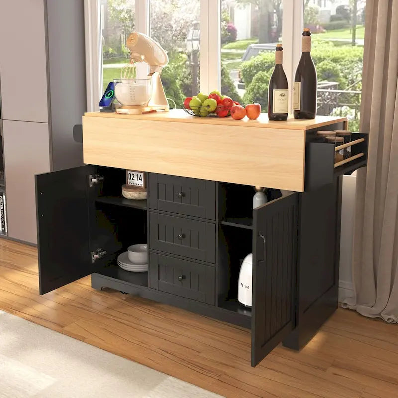 Kitchen Island with Drop Leaves, Rolling Cart with Power Outlet, Spice Rack, and 3 Drawers