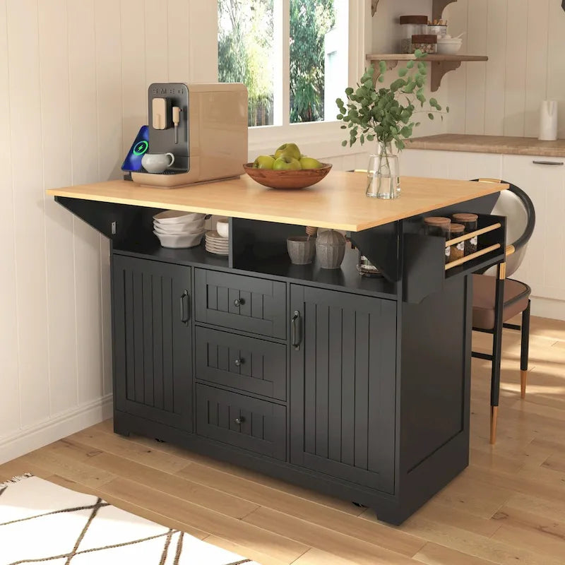 Kitchen Island with Drop Leaves, Rolling Cart with Power Outlet, Spice Rack, and 3 Drawers
