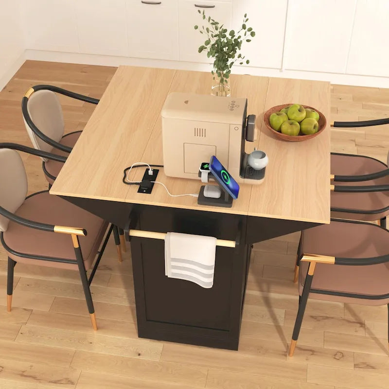 Kitchen Island with Drop Leaves, Rolling Cart with Power Outlet, Spice Rack, and 3 Drawers