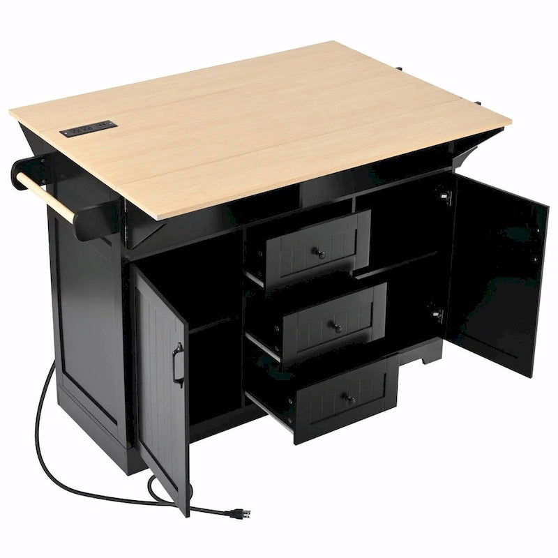 Kitchen Island with Drop Leaves, Rolling Cart with Power Outlet, Spice Rack, and 3 Drawers