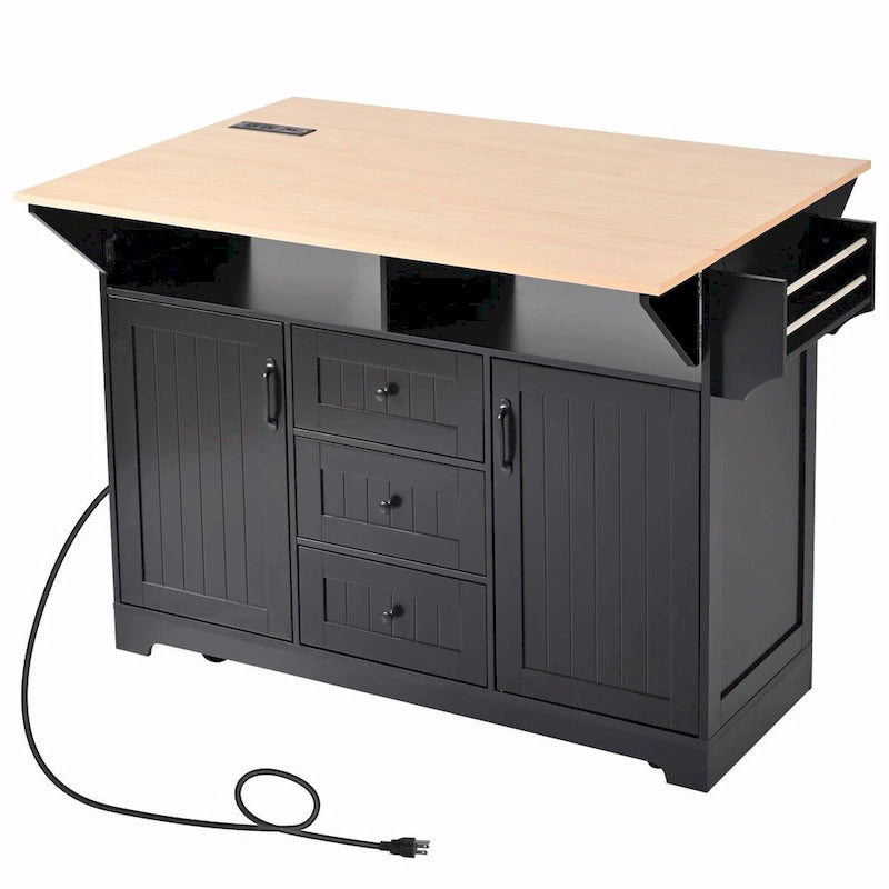 Kitchen Island with Drop Leaves, Rolling Cart with Power Outlet, Spice Rack, and 3 Drawers