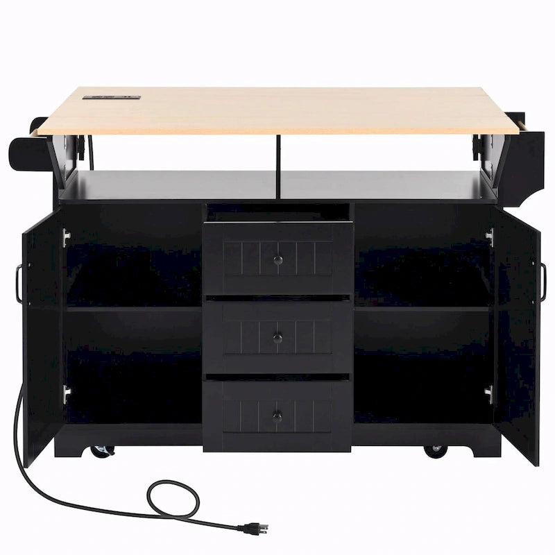 Kitchen Island with Drop Leaves, Rolling Cart with Power Outlet, Spice Rack, and 3 Drawers