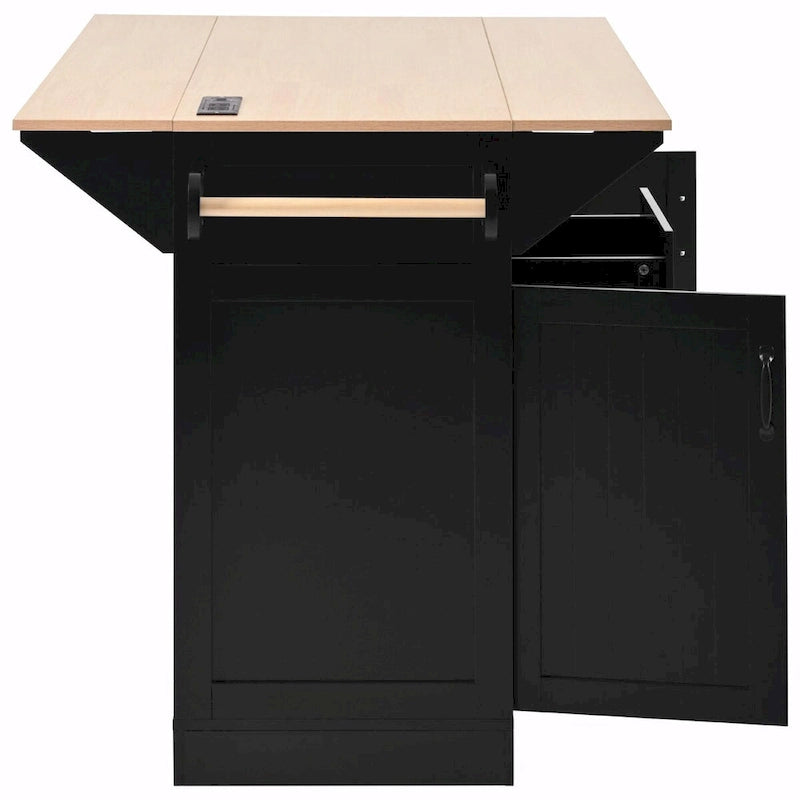 Kitchen Island with Drop Leaves, Rolling Cart with Power Outlet, Spice Rack, and 3 Drawers