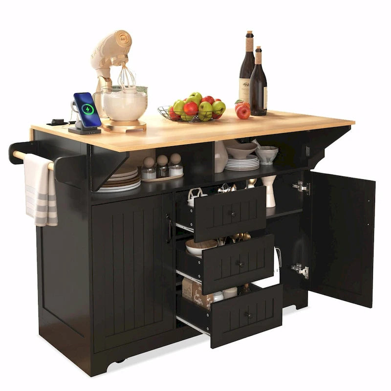 Kitchen Island with Drop Leaves, Rolling Cart with Power Outlet, Spice Rack, and 3 Drawers
