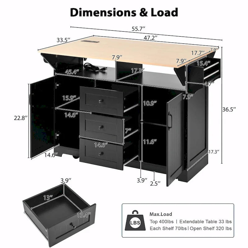 Kitchen Island with Drop Leaves, Rolling Cart with Power Outlet, Spice Rack, and 3 Drawers