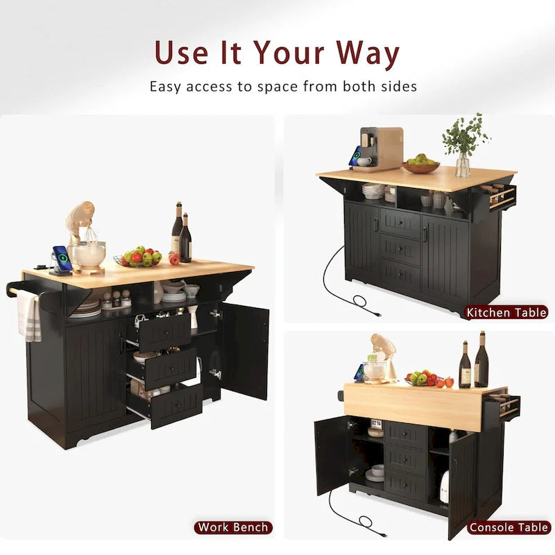 Kitchen Island with Drop Leaves, Rolling Cart with Power Outlet, Spice Rack, and 3 Drawers