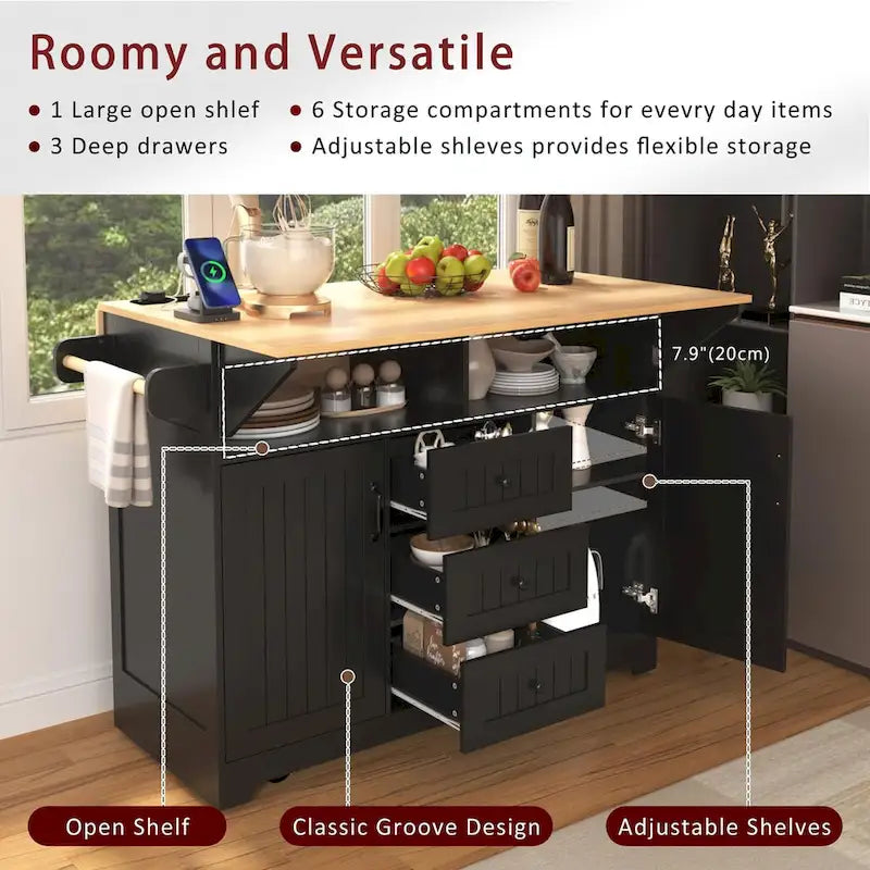 Kitchen Island with Drop Leaves, Rolling Cart with Power Outlet, Spice Rack, and 3 Drawers