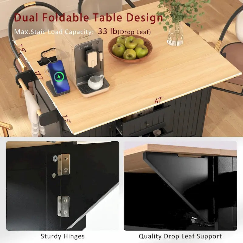 Kitchen Island with Drop Leaves, Rolling Cart with Power Outlet, Spice Rack, and 3 Drawers