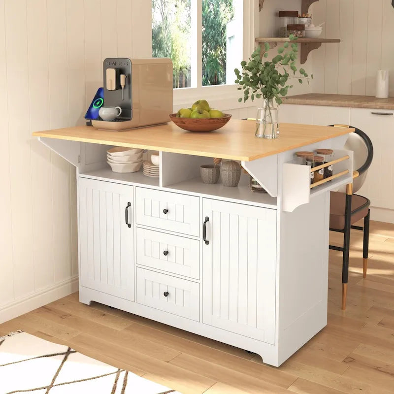 Kitchen Island with Drop Leaves, Rolling Cart with Power Outlet, Spice Rack, and 3 Drawers