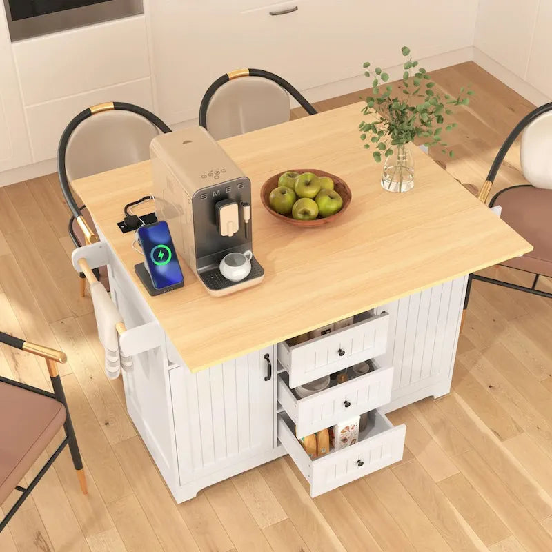 Kitchen Island with Drop Leaves, Rolling Cart with Power Outlet, Spice Rack, and 3 Drawers