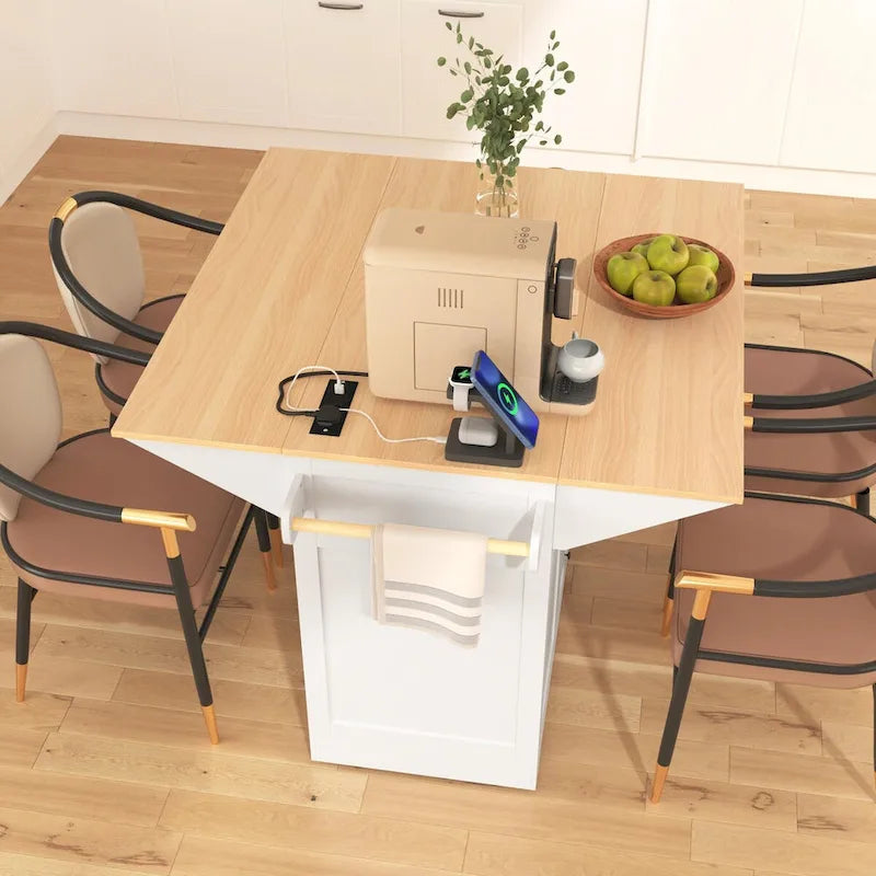 Kitchen Island with Drop Leaves, Rolling Cart with Power Outlet, Spice Rack, and 3 Drawers
