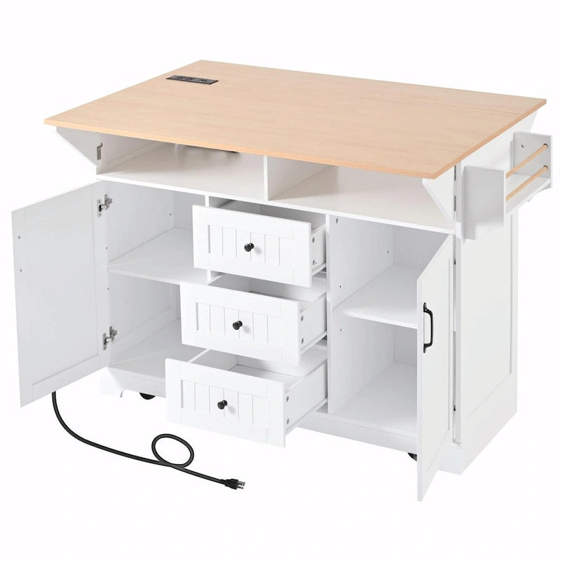 Kitchen Island with Drop Leaves, Rolling Cart with Power Outlet, Spice Rack, and 3 Drawers