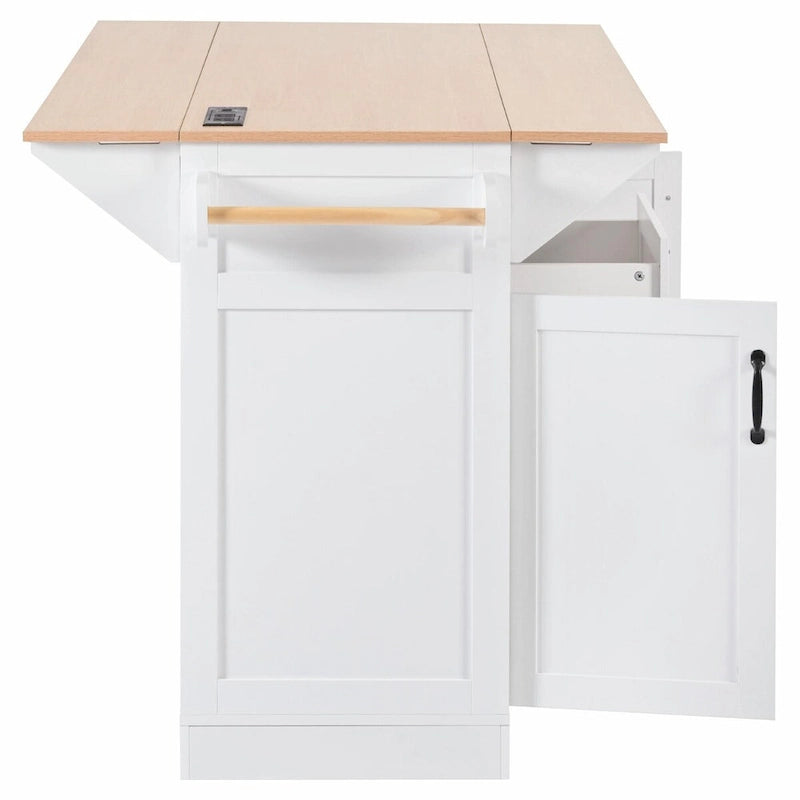 Kitchen Island with Drop Leaves, Rolling Cart with Power Outlet, Spice Rack, and 3 Drawers