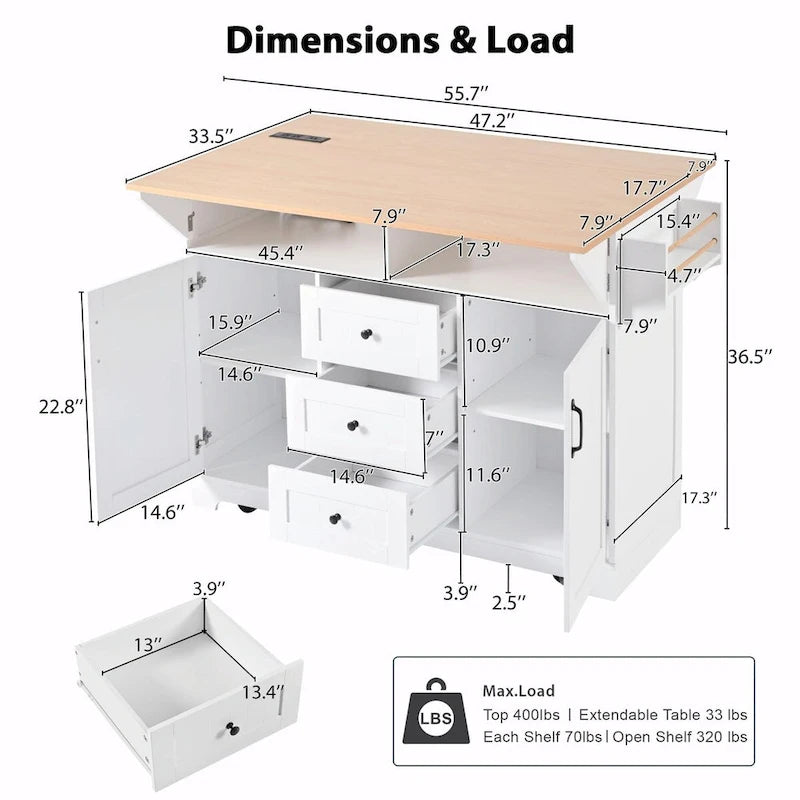 Kitchen Island with Drop Leaves, Rolling Cart with Power Outlet, Spice Rack, and 3 Drawers