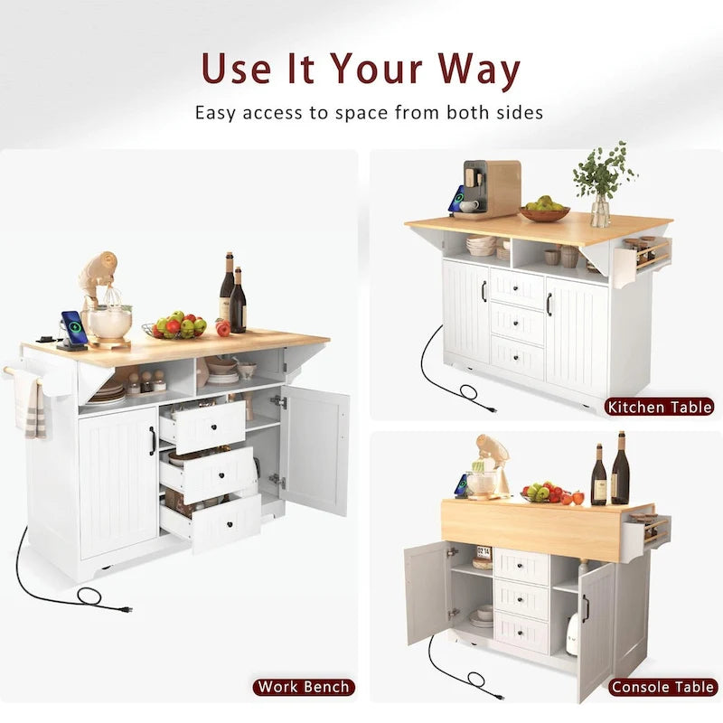 Kitchen Island with Drop Leaves, Rolling Cart with Power Outlet, Spice Rack, and 3 Drawers