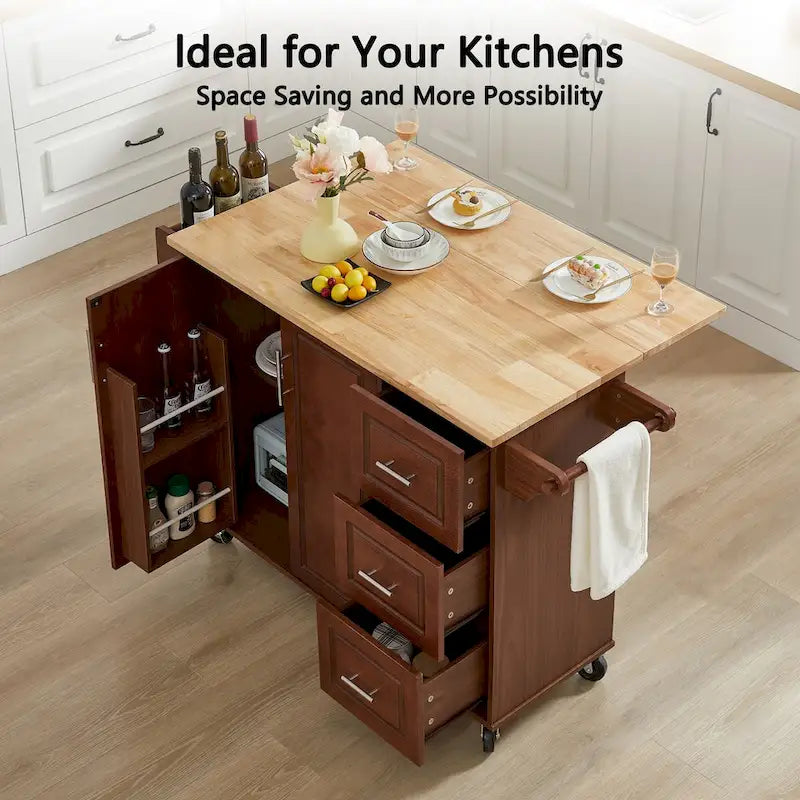 Ilot de cuisine avec plateau rabattable et chariot roulant à roulettes