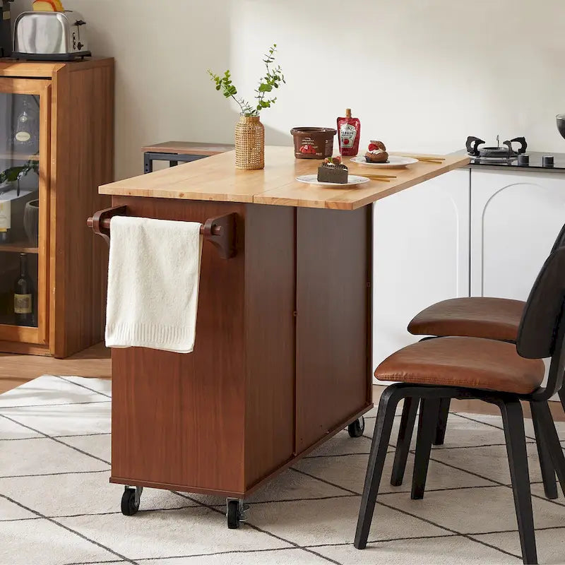 Ilot de cuisine avec plateau rabattable et chariot roulant à roulettes