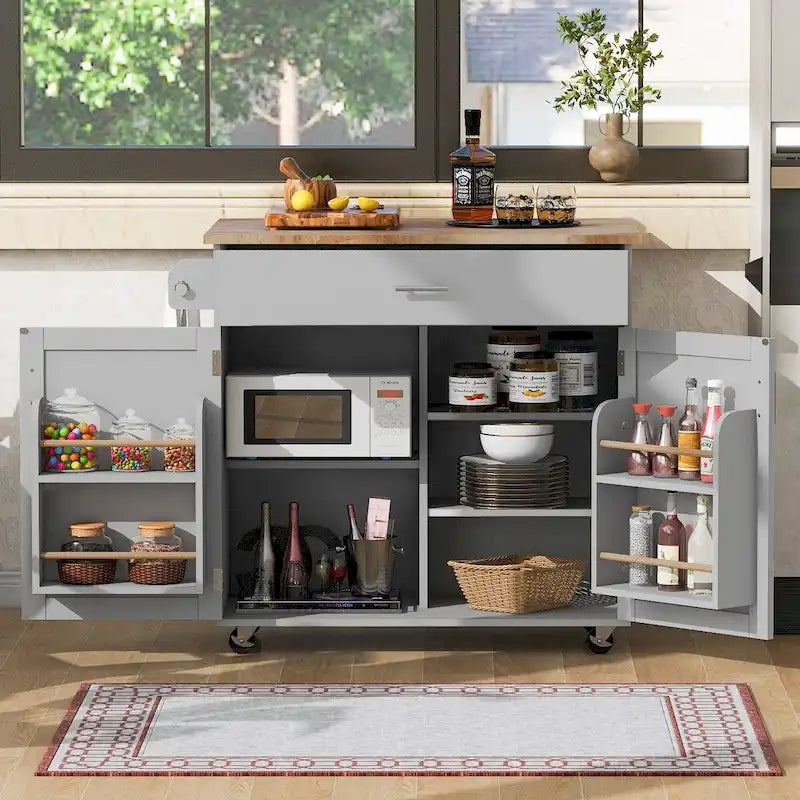 Rolling Kitchen Island with Storage, Drop Leaf Top, Locking Wheels, Grey