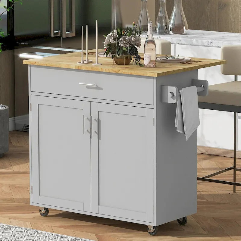 Rolling Kitchen Island with Storage, Drop Leaf Top, Locking Wheels, Grey