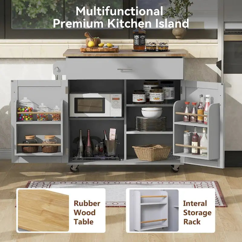 Rolling Kitchen Island with Storage, Drop Leaf Top, Locking Wheels, Grey