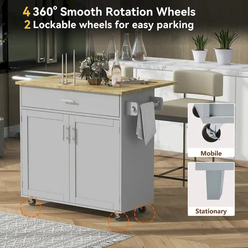Rolling Kitchen Island with Storage, Drop Leaf Top, Locking Wheels, Grey