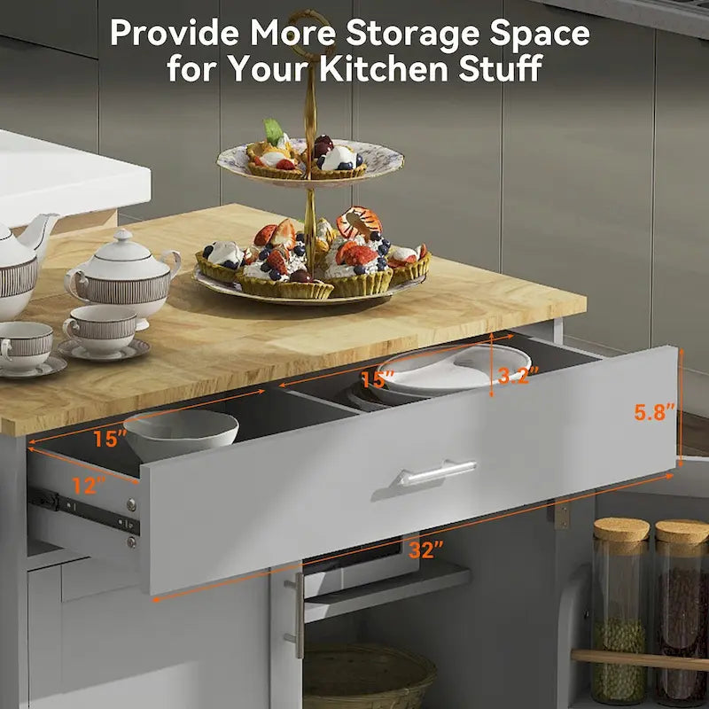 Rolling Kitchen Island with Storage, Drop Leaf Top, Locking Wheels, Grey