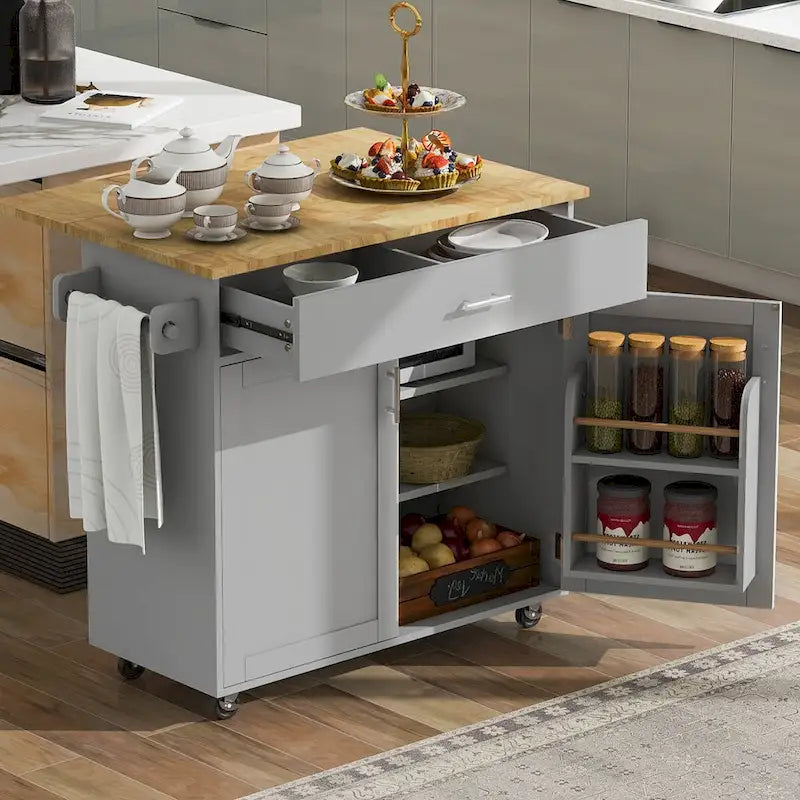 Rolling Kitchen Island with Storage, Drop Leaf Top, Locking Wheels, Grey