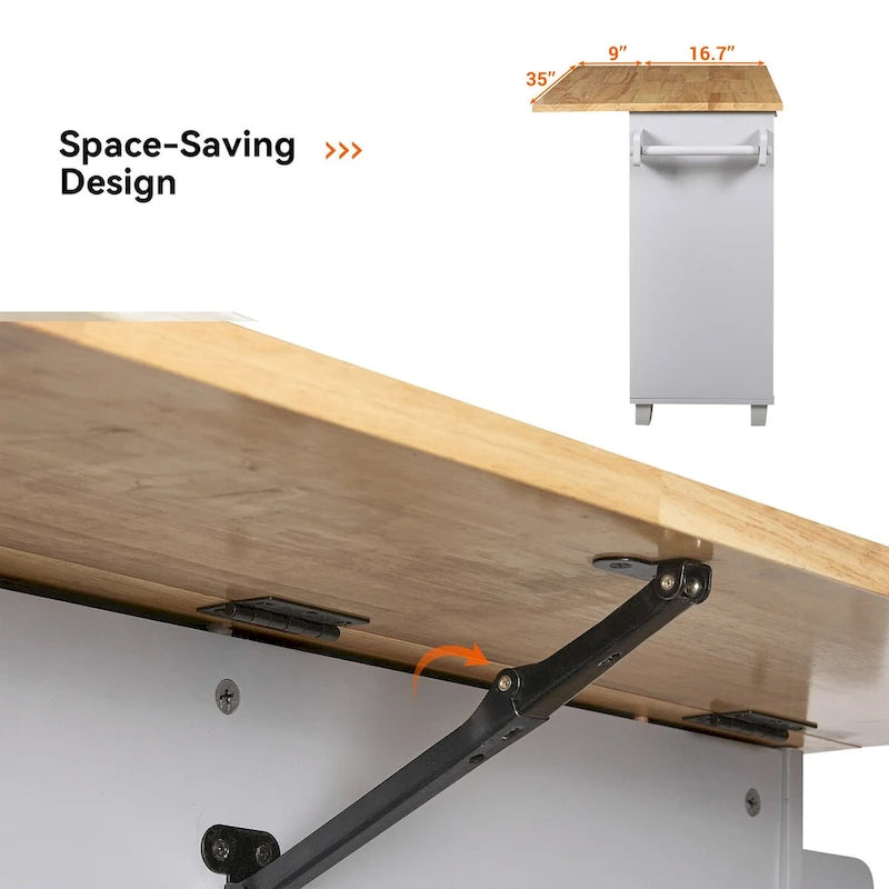 Rolling Kitchen Island with Storage, Drop Leaf Top, Locking Wheels, Grey