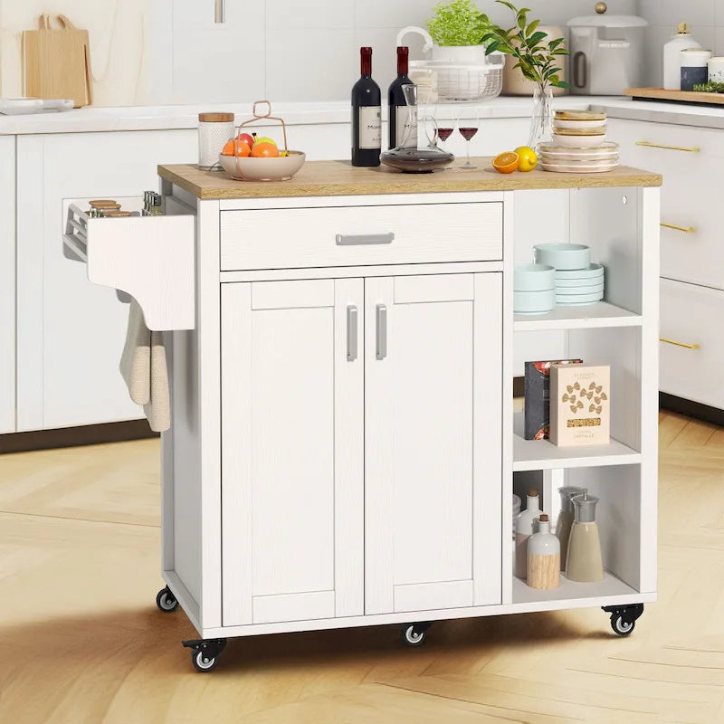Rolling Kitchen Island on Wheels with Drawer Open Shelves and Doors