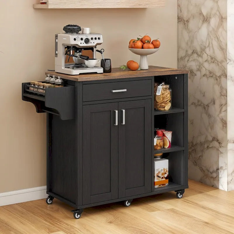 Rolling Kitchen Island on Wheels with Drawer Open Shelves and Doors