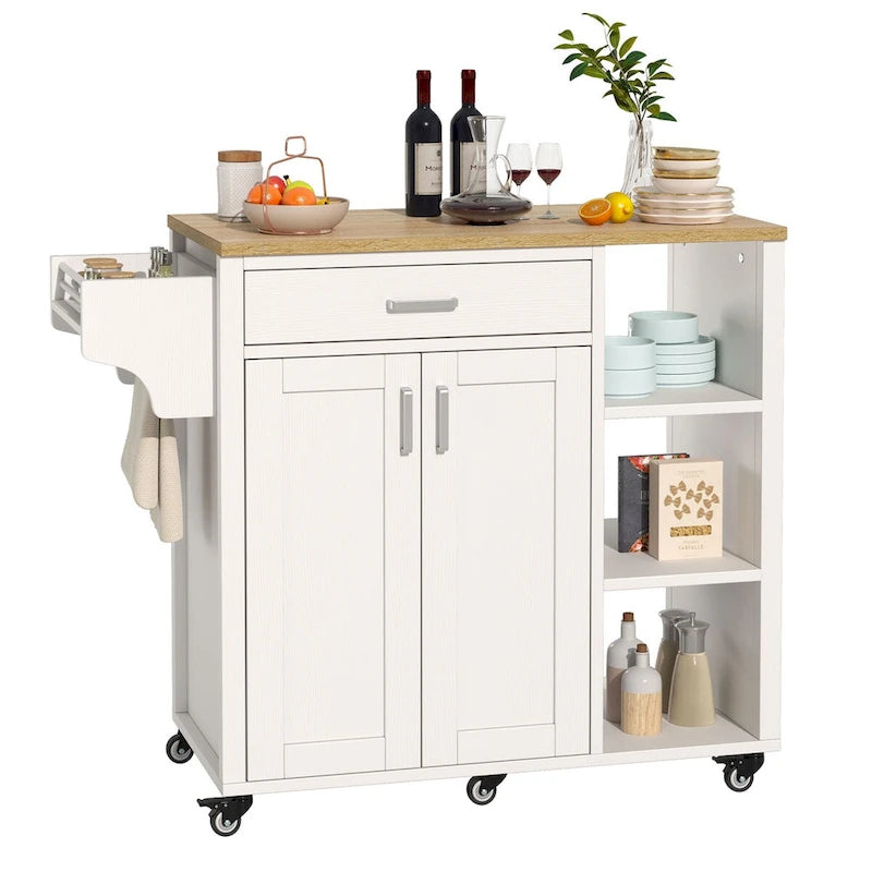 Rolling Kitchen Island on Wheels with Drawer Open Shelves and Doors