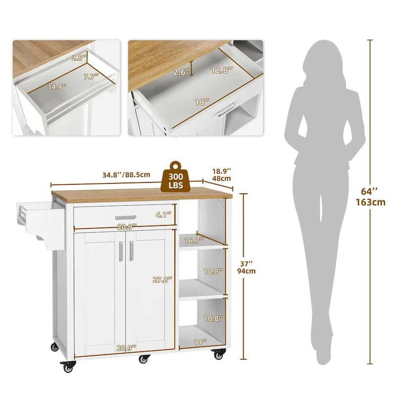 Rolling Kitchen Island on Wheels with Drawer Open Shelves and Doors