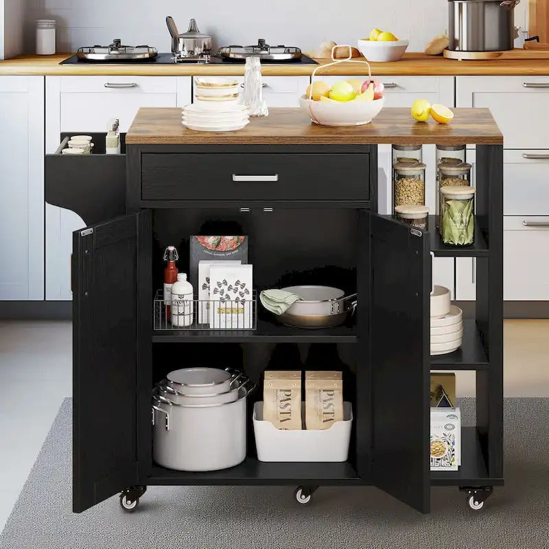 Rolling Kitchen Island on Wheels with Drawer Open Shelves and Doors